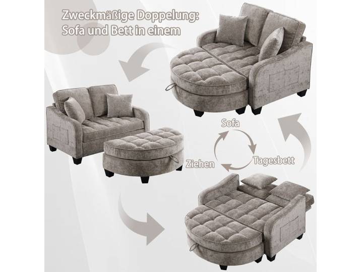 Canapé Lit Convertible 2 Places - Fauteuil Lounge - Chenille - Coffre de Rangement - Marron