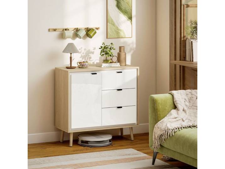 CollaHausse Buffet Moderne 3 Tiroirs Petite Armoire Étagère Réglable Portes Brillantes Blanc et Chêne