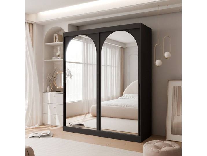 Armoire CLARITY IDOHOME 150x65x215 cm noir 7 compartiments miroir portes coulissantes