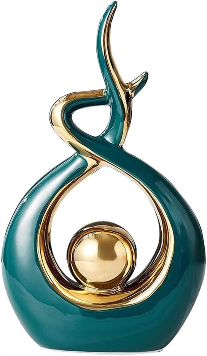 Abstract Keramiek Beeldje Groen Goud - Handgemaakt Design - Hoogte: 31 cm