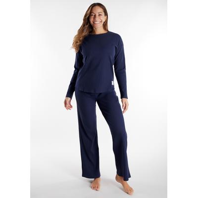 Loungeanzug TOM TAILOR "Sitia", Damen, Gr. 38 (M), blau (blau, mittel, uni), Obermaterial: 60% Baumwolle, 35% Polyester, 5% Elasthan, unifarben, bequem normal, Rundhals, gerader Abschluss, Homewear-Sets, basic, bequem, unifarben, Langarm,...