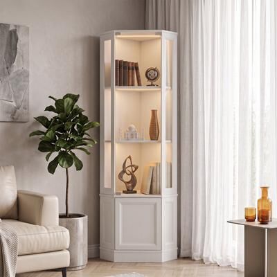 Orange Casual "65"" Corner Display Cabinet with LED Lights Curio Cabinet with Glass Doors for Collectibles Living Room Game Room"
