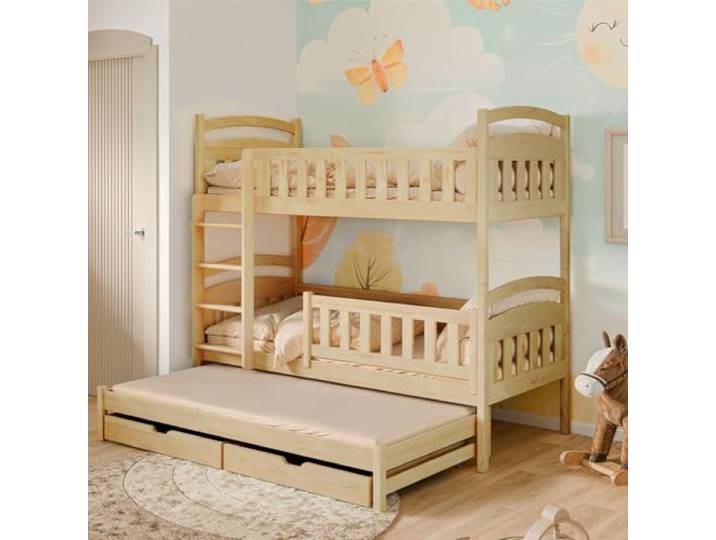 Kids Collective Hochbett 90x200 Etagenbett Kinderbett Jugendbett Stockbett 3 Kinder, Zwei Schubladen & Rausfallschutz umbaubar in 3 Einzelbetten 4. bis 16. Lebensjahr inkl. Lattenrosten Natur