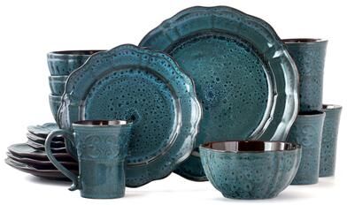 Elama Lavish Blue 16 Piece Round Stoneware Dinnerware Set in Blue