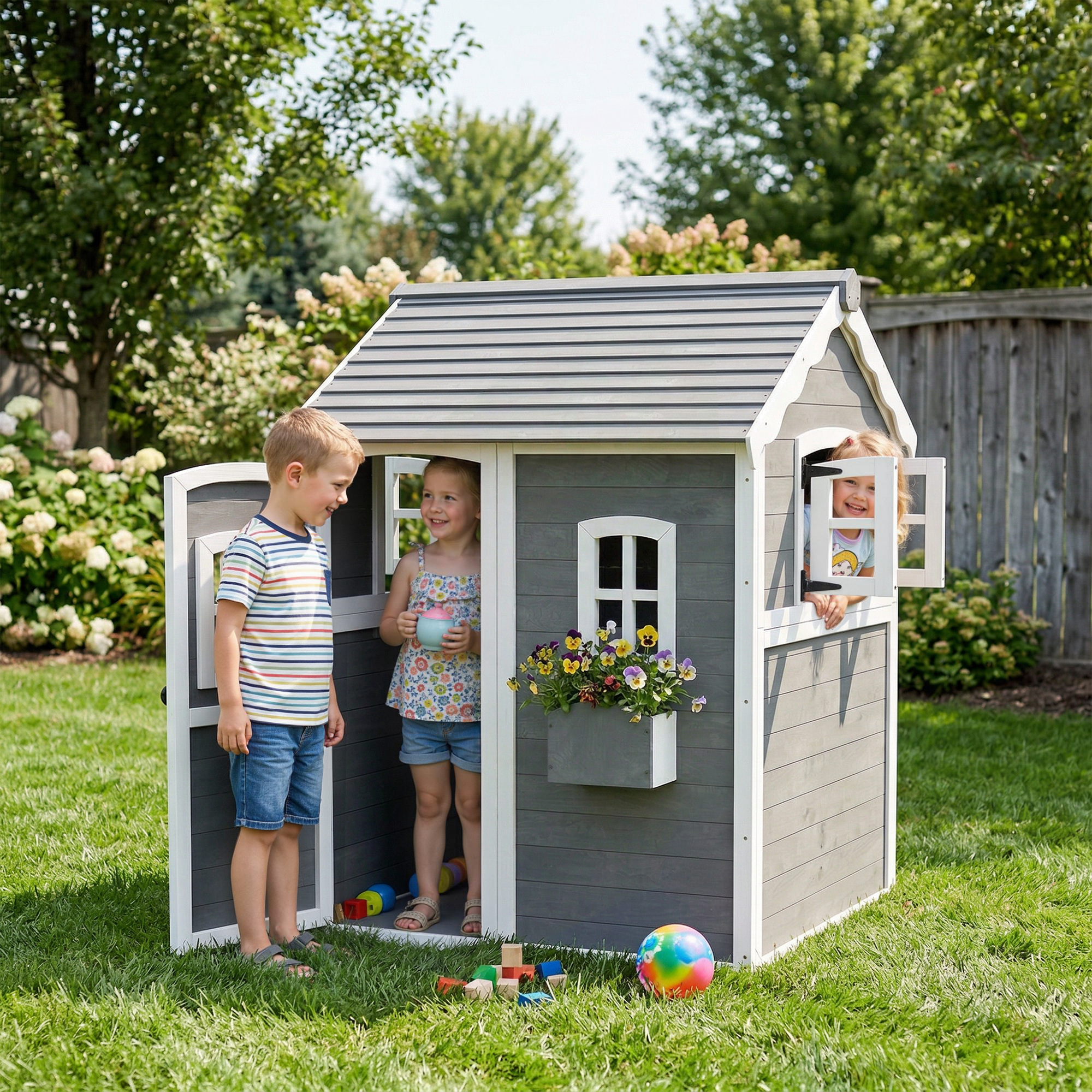 Outsunny Casetta per Bambini 3-8 Anni con 6 Finestre e Fioriera, in Legno di Abete, 104.5x110x137 cm, Grigia Aosom