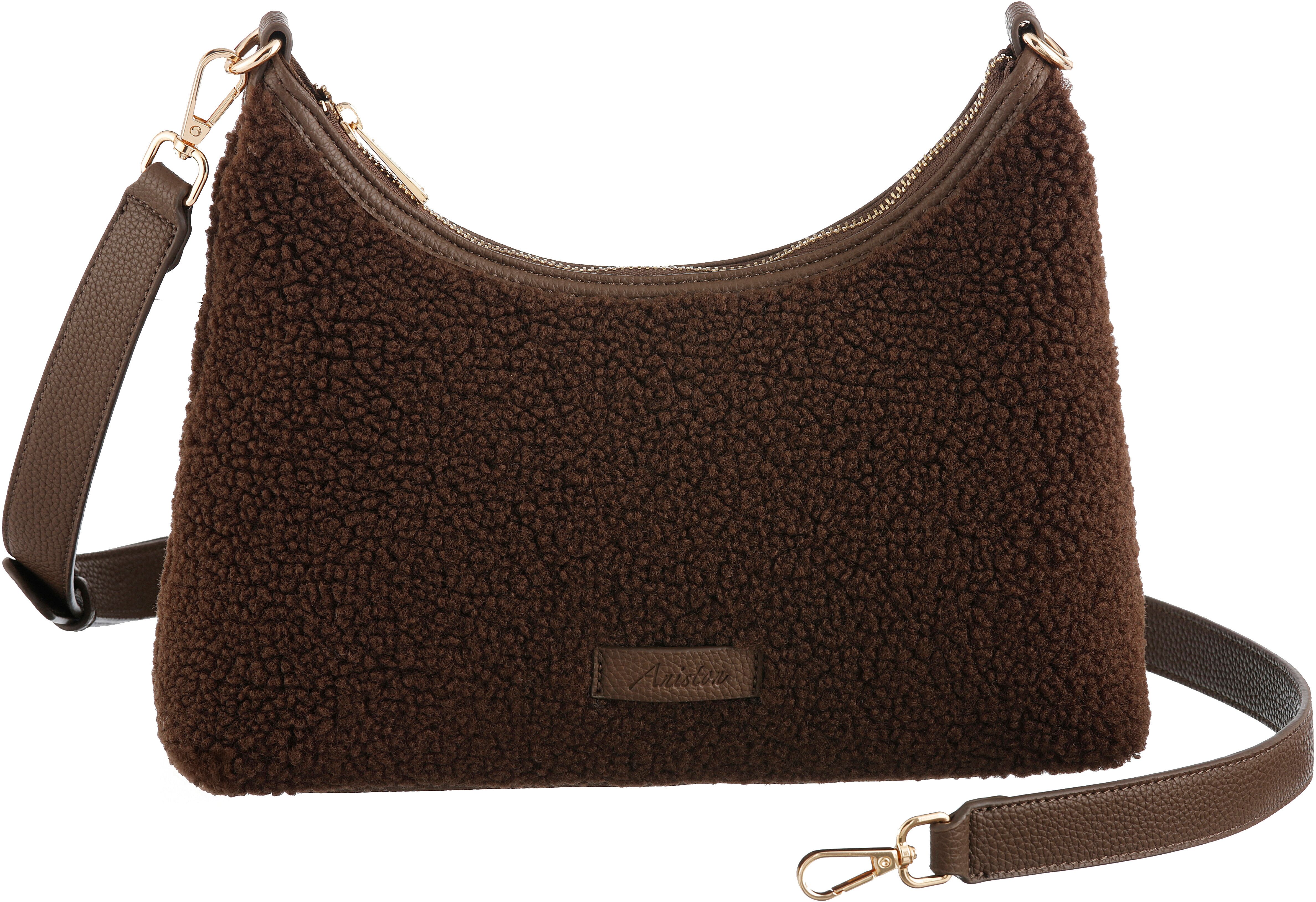 Umhängetasche ANISTON ACCESSOIRES, Damen, Gr. B/H/T: 30cm x 20cm x 8cm, braun (dunkelbraun), Textil, Taschen Umhängetasche, Handtasche, Schultertasche in Teddy-Optik dunkelbraun B/H/T: 30cm x 20cm x 8cm