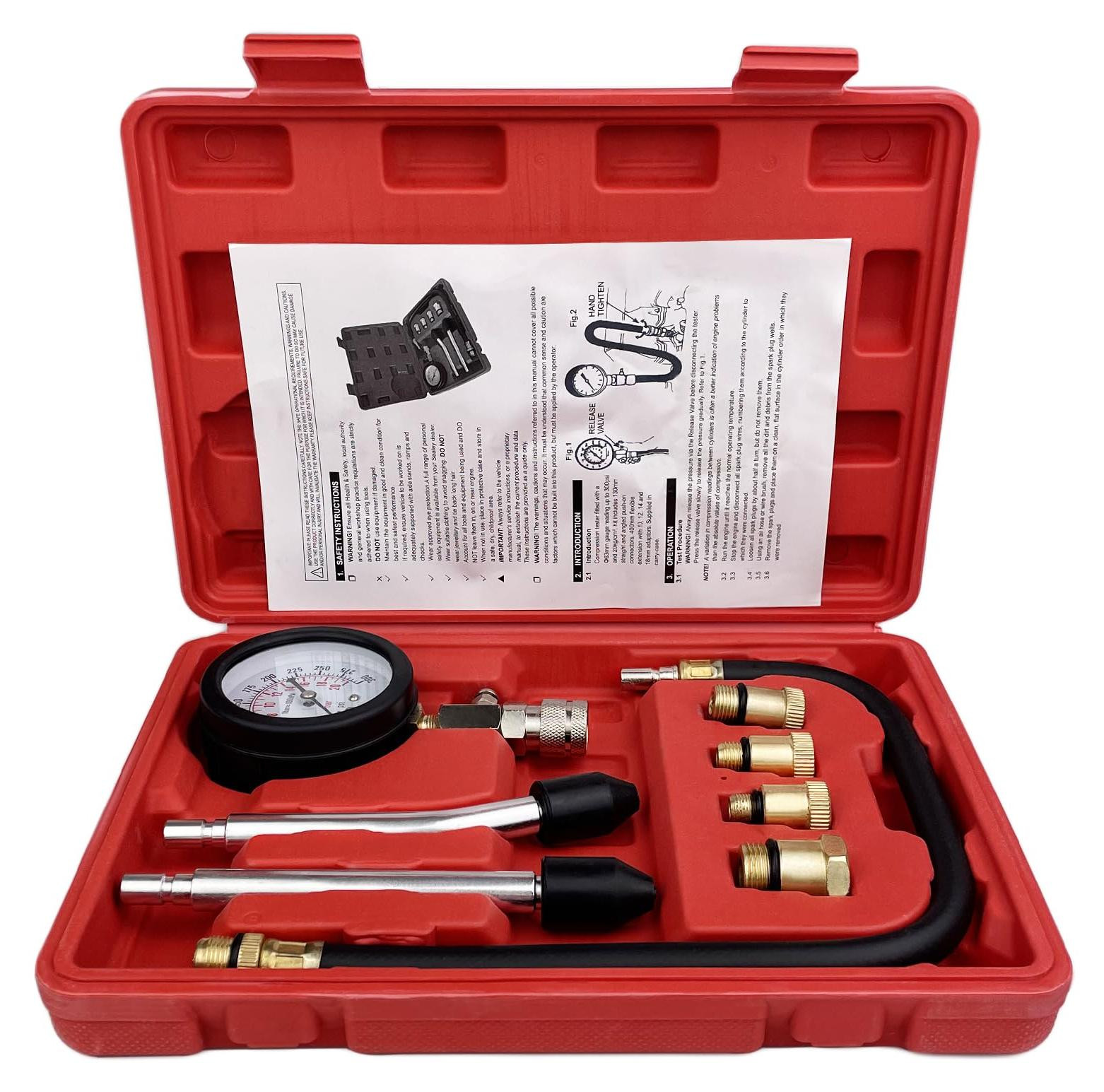 Selius Compressietester voor benzinemotoren met manometer en 4 adapters