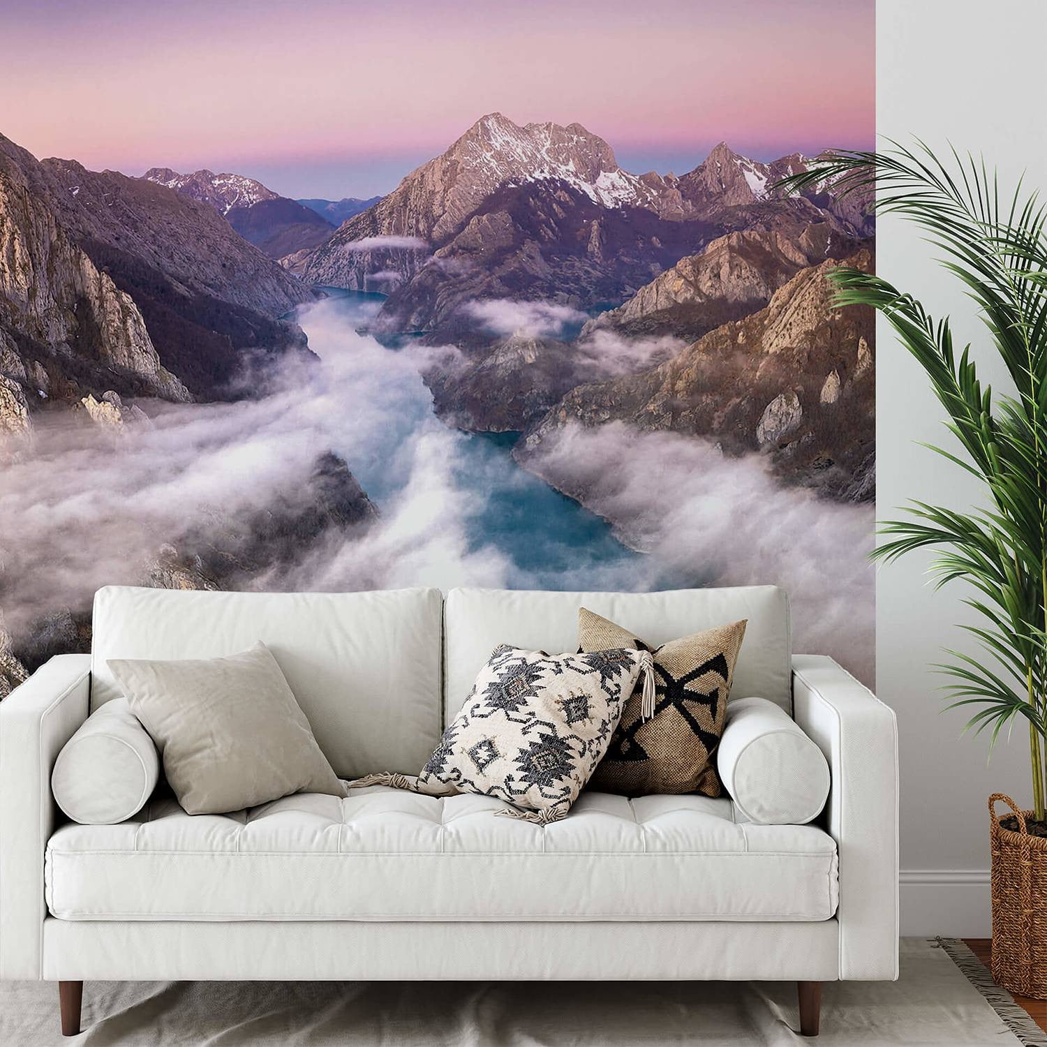 home24 Fotobehang Over the Mountains Landscape Multicolour Blauw