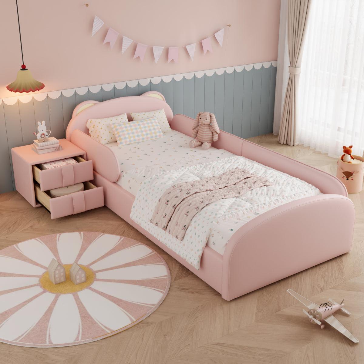 Polsterbett Einzelbett 90x200cm Rosa Kinderbett Bärenform Kopfteil mit passendem Nachttisch Samt Antikollisions Schwammkante ohne Matratze