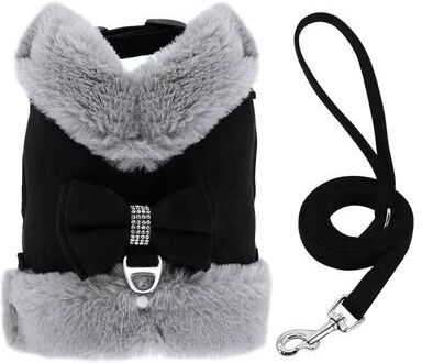 Inspired Finds SnuggleSpark Fur Dog Harness Set Rhinestone Bow For Warm Puppy Coats black s