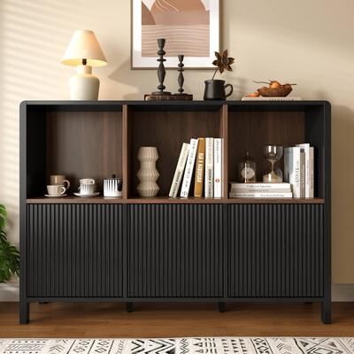 Kodotan sofa Modern 3-Door Storage Cabinet,Freestanding Bookshelf with Open Display Shelves,Fluted Door Panels,Push-to-Open Doors