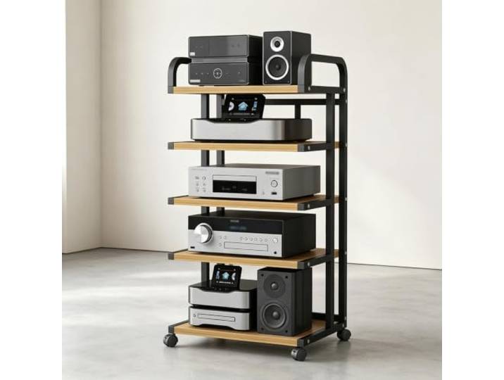 YHTCSXMD Mobiles HiFi Rack mit Rollen, 3/4/5 Ebenen Stahlrahmen 2,5 cm Holzoptik-Ablagen, Audio Rack mit Bremsen für Wohnzimmer, Büro und Geschäft