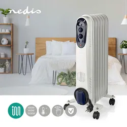 Mobiler Heizkörper Ölheizung Radiator Heizgerät mit Rollen, Thermostat Stolperschutz, weiß, 3 Stufen 600/900/1500 Watt, BxHxT 24x62x31 cm, Nedis HTOI30WT7