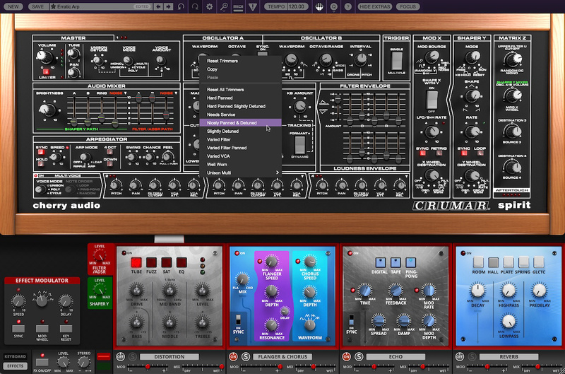 Cherry Audio Crumar Spirit interfaccia grafica utente in viola e nero
