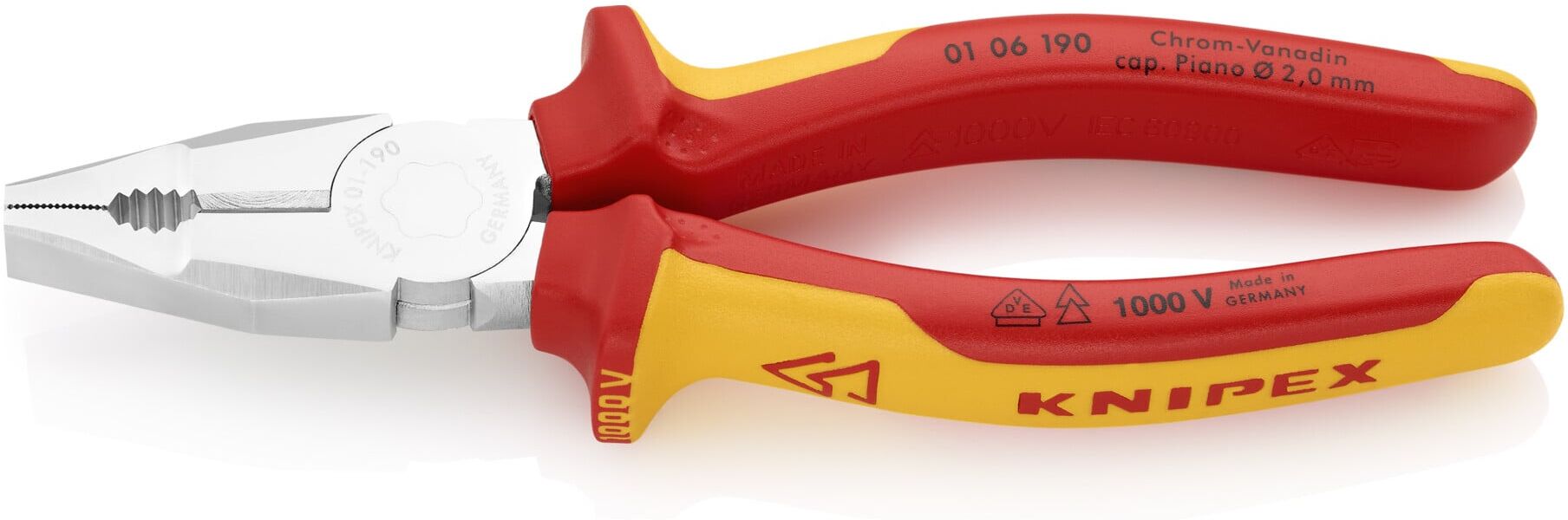 KNIPEX 01 06 190 Kombizange Chrom-Vanadin isoliert mit Mehrkomponenten-Hüllen, VDE-geprüft verchromt 190 mm)