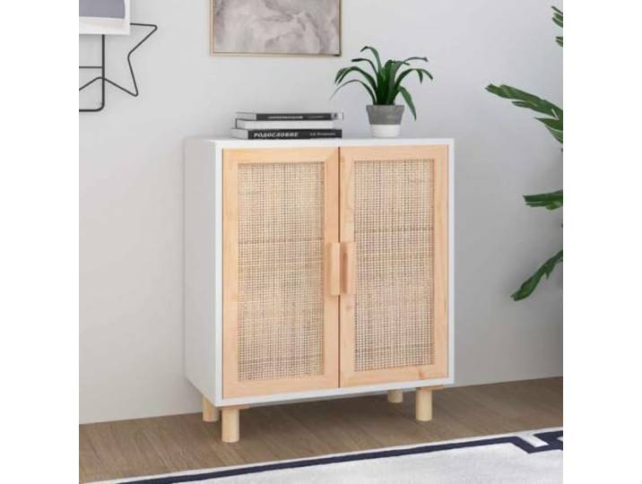 HEFZGDB Sideboard mit Rattanfronten und Massivholzbeinen aus Kiefernholz mit Weberei-Design, Weißes Sideboard für Wohnzimmer mit Zwei Fächern und natürlichem Materialmix