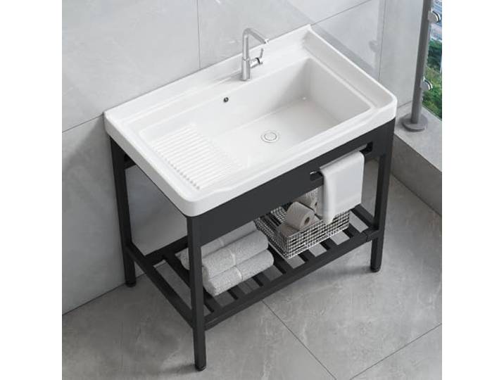 Freistehendes Keramikwaschbecken Mit Waschbrett, Armatur Und Ablaufgarnitur Für Balkon Und Garten 91x48x82cm