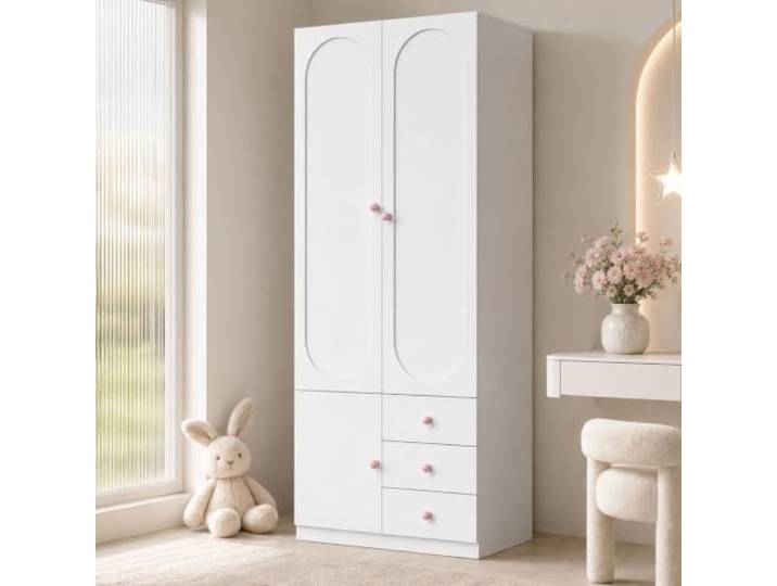 BXEYXE 2-türiger Kleiderschrank mit Schubladen, Kinderkleiderschrank, Schlafzimmer-Aufbewahrungsschrank, Kinderzimmermöbel, mit Kleiderstange, Rosa Keramikgriffe, Weiß, Lack-Oberfläche, 80×50×200 cm