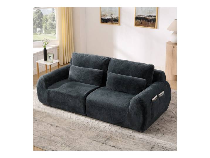 Odikalo 2-Sitzer Modulares Sofa mit USB, weiches Kaninchenstil-Kunstfell, hohe Rückfederung, mit USB-Ladeanschluss und seitlicher Magazintasche