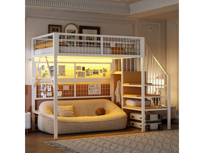 Lit mezzanine 90 x 200 - MAISENTIEL - Maisentiel - Escalier de rangement - LED intégrée - Métal blanc
