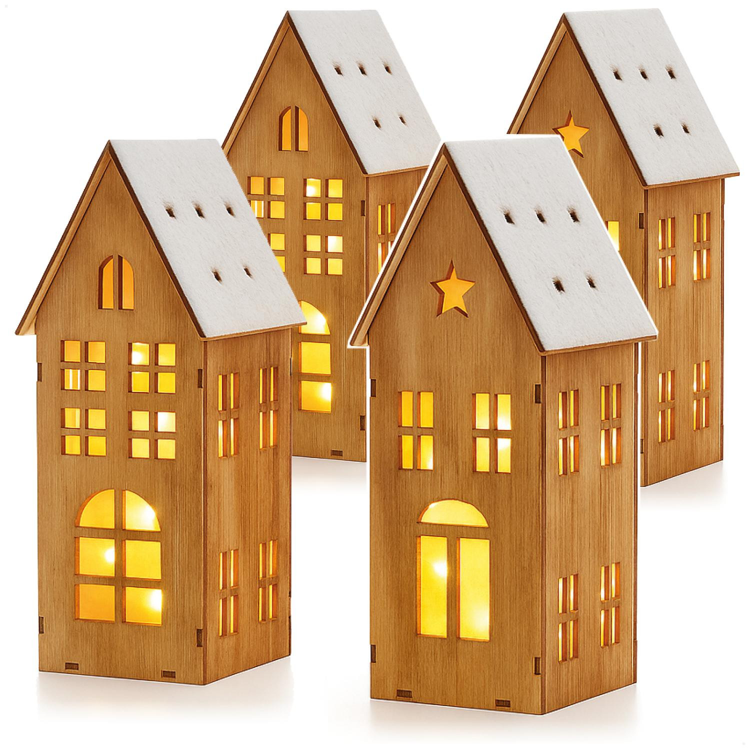 COM-Four Verlicht houten huisje met LED-verlichting en timer