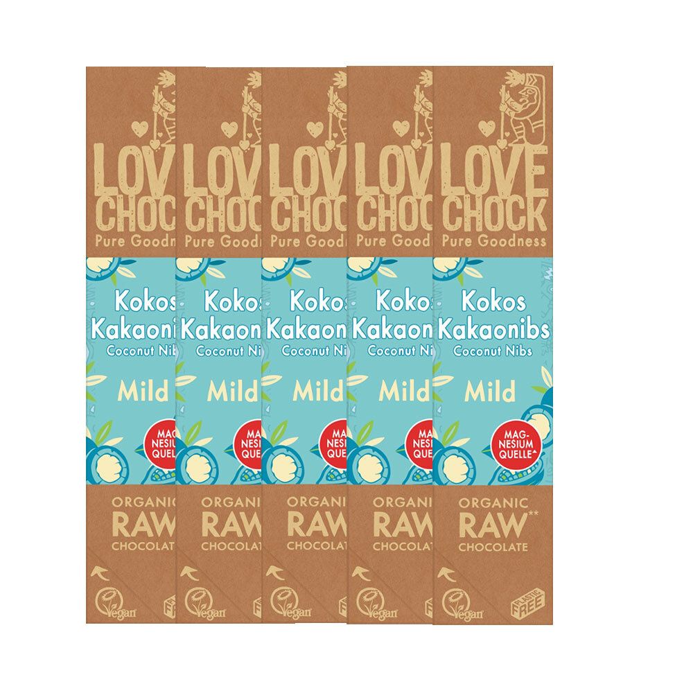 Lovechock Bio rohe Schokolade Creamy, Kokos-Kakaonibs 5x40 g