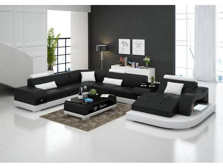 Xlmoebel Wohnlandschaft XLMOEBEL G8009 Ledersofa in Schwarz mit Bettfunktion, Wohnlandschaft, Ledersofa in Schwarz mit Bettfunktion