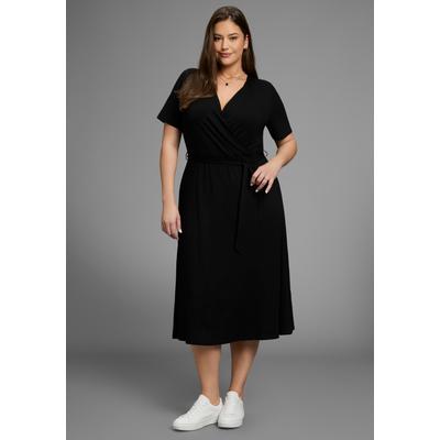 Midikleid LAURA SCOTT CURVE "Große Größen", Damen, Gr. 54, N-Gr, schwarz, Jersey, Obermaterial: 94% Viskose, 6% Elasthan, unifarben, Basic, A-Linie Midi, V-Ausschnitt, abgesteppt, Kleider Midikleid, Wickeloptik mit betonter Taille