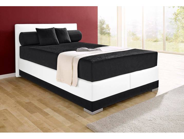 Boxspringbett, Microvelours/Kunstleder, Schwarz-Weiße Farben, 147×210 cm, H3, Mit 7-Zonen-Tonnentaschenfederkern, Maintal
