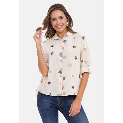 Hemdbluse CIPO & BAXX "WH130", Damen, Gr. L, beige (stone), 75% Baumwolle, 25% Leinen, geblümt, relaxed fit normal, mit Knopf 1-Knopf-Manschette, Blusen Hemdbluse, mit Freizeit Frühlingsmuster