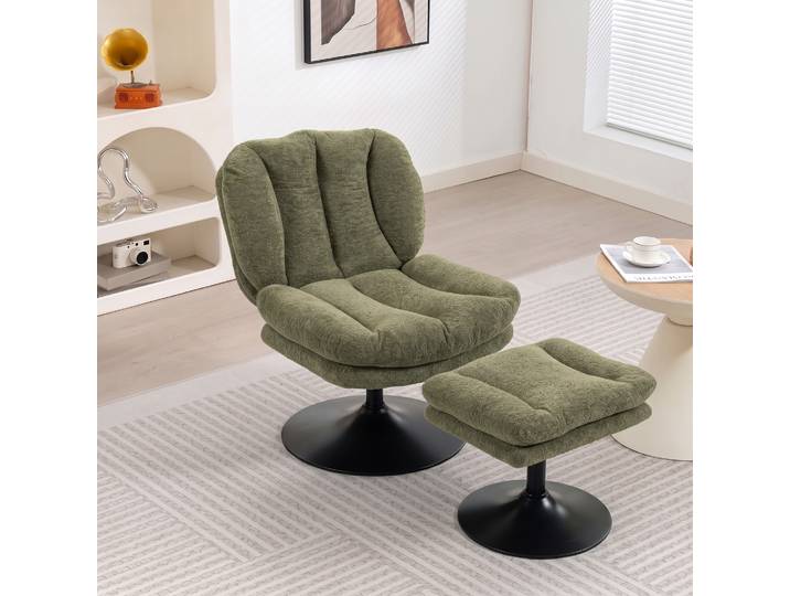 HOMCOM Fauteuil Pivotant Velours Vert avec Repose-Pieds Réglable