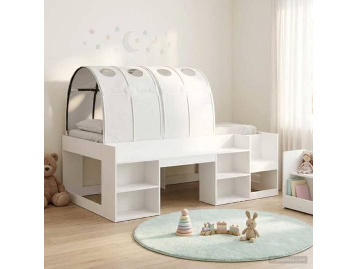 RJPLMFV Kinderbett mit Stauraum, 3-teilig, Weiß Holzwerkstoff, fester Lattenrahmen, integrierte Regale, moderner Stil, einfache Montage