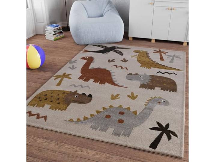 Smart Kids T-Rex & Friends Kinderteppich, 160 x 230 cm, Sand beige meliert Gewebter Kinderteppich, Spannende Abenteuer mit aufregenden T-Rex-Motiven, sand beige meliert)