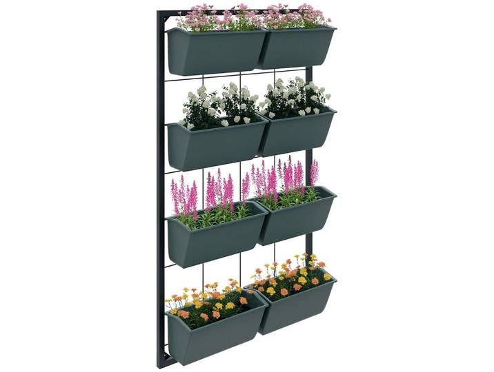 ComfortXL Pflanzentreppe De-05289 8 Pflanzkästen, wandmontierbar Grau/Schwarz, Metall, 14x90x52.5 cm, Wohnzimmer, Wohnzimmertische, Blumenständer