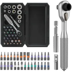 PCWork Feinmechanik Ratschen Set, S2-Stahl Bits, CrV Stecknüsse, magnetisches Case, 42-teilig