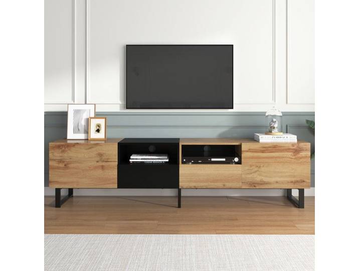Meuble TV Noir et Bois 190x38x48cm Meuble Tele Moderne avec Rangement Meuble TV Bois Meuble Salon Couleur Bois + Noir