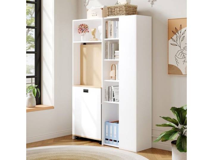 Bureau d'Angle Pliable Blanc 2en1 Bibliothèque USB 104.5x30.5x160cm Étagères Ajustables Anti-basculement