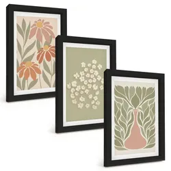 BILDER SET 3er Set - 20x30 cm Schwarzer Rahmen - Florale Boho-Muster