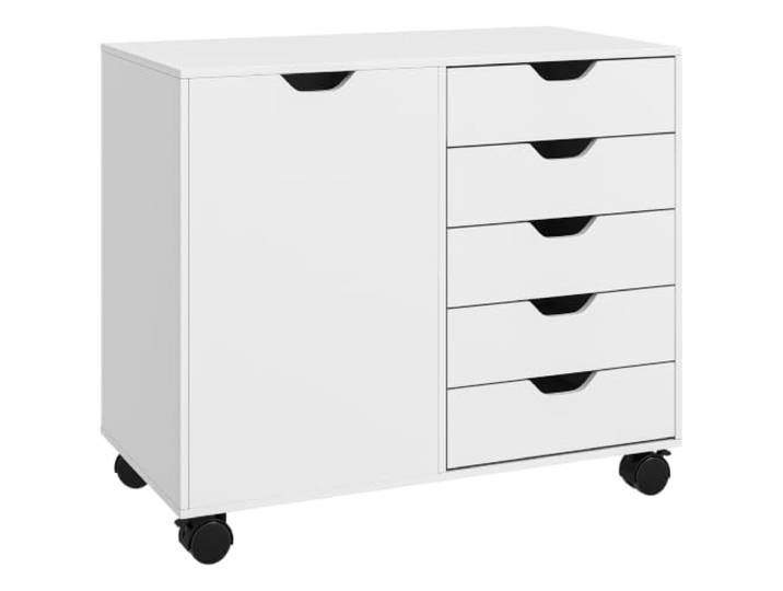 HOMCOM Caisson Bureau Mobile 5 Tiroirs 1 Porte 78x40x66\,5cm Blanc Étagère Réglable\, Meuble Rangement Bureau\, Caisson de Rangement sur Roulettes\, pour Documents et Papeterie