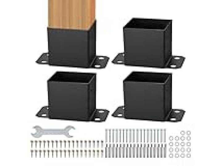 VEVOR Lot de 4 Support de Poteau Bois 6''x6'' 152x152 mm Base de Poteau Interne 142x142 mm Acier au Carbone Revêtement en Poudre Ancrage de Poteau pour Support Garde-corps Terrasse, Pavillon, Noir Mat