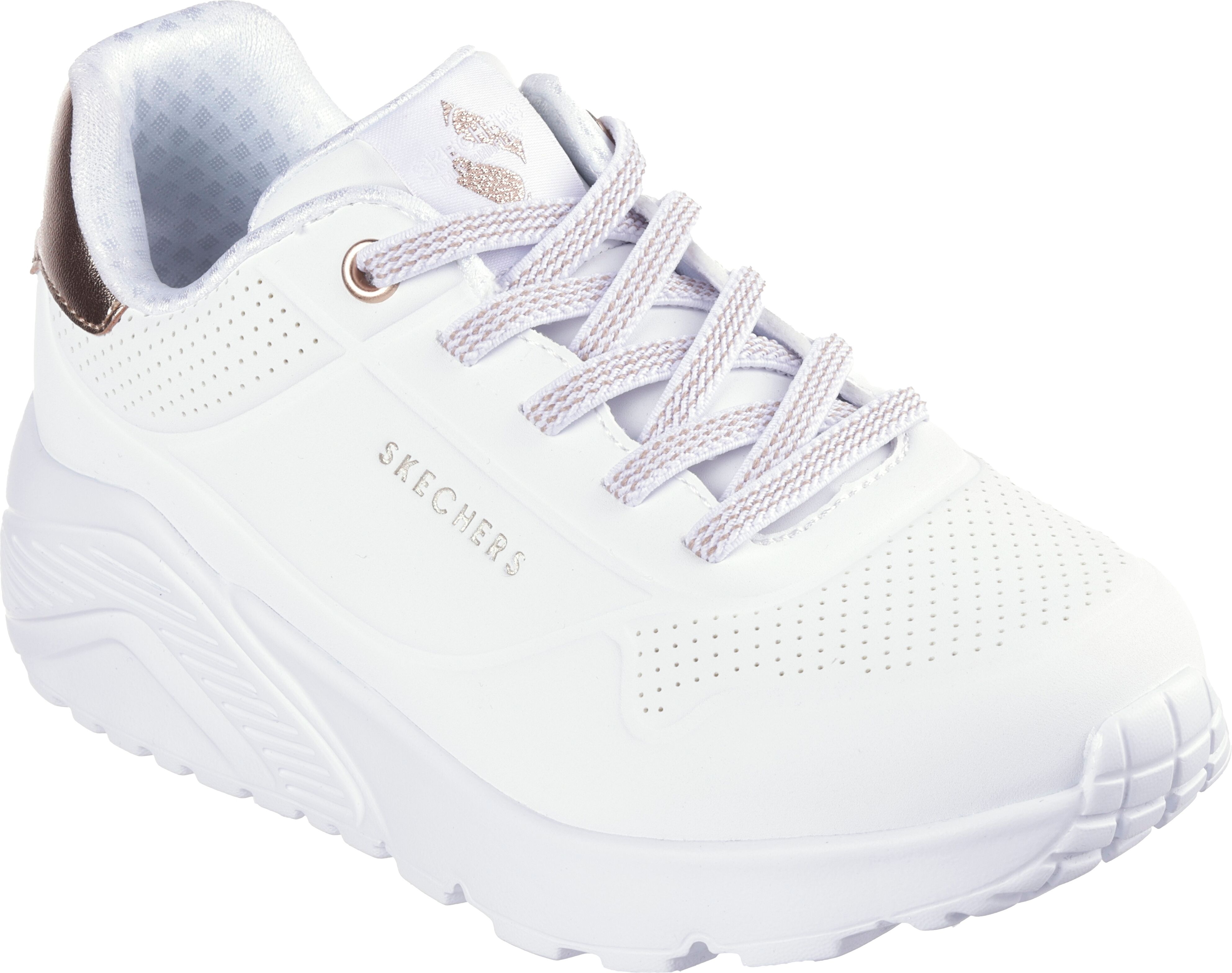 Slip-On Sneaker SKECHERS "UNO LITE", Mädchen, Gr. 34, Textil, weiß, Lederimitat, Schuhe, Freizeitschuh, Halbschuh, Slipper mit metallic Fersenpatch