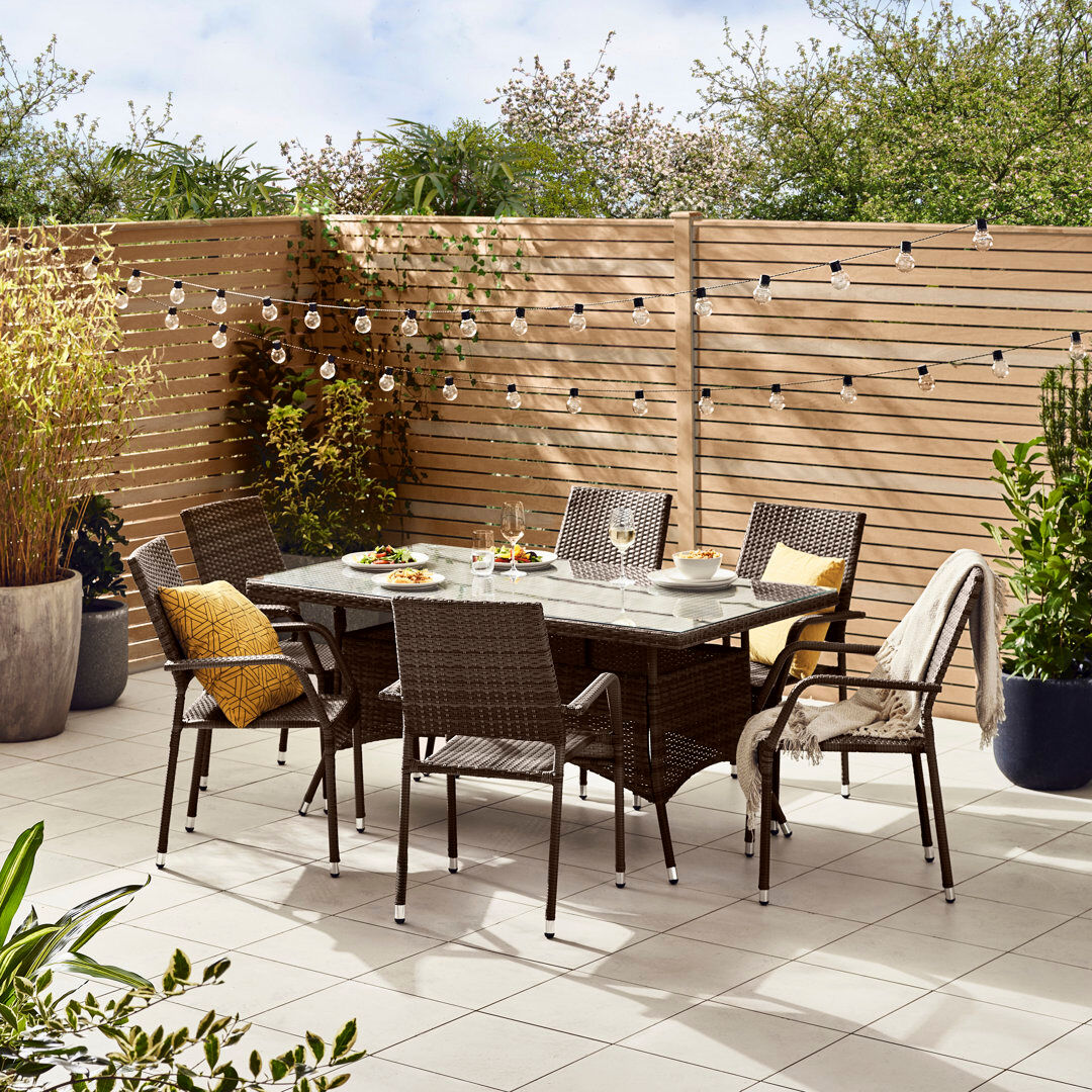 ClassicLiving Karren 6 Seater Garden Dining Set - PE Rattan & Tempered Glass Outdoor Set - Modern Gardens & Patios Brown 6
