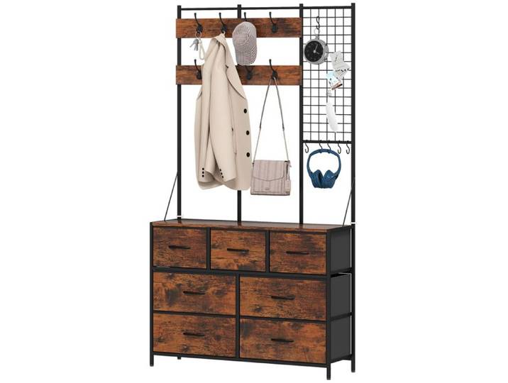LIA Meuble entrée 4 en 1 portemanteau vestiaire 7 tiroirs tissu 14 crochets 100x30x183 cm brun