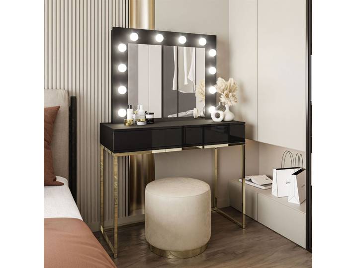 Schminktisch BLANCO mit Spiegel und Beleuchtung goldchrom schwarz Hochglanz