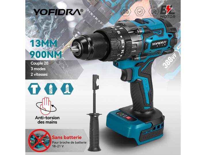 YOFIDRA 20 + 3 couple 900N.m perceuse à percussion électrique sans brosse 13MM tournevis de forage à main outil électrique pour broche de batterie Makita
