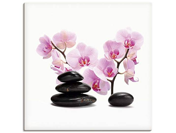 ARTLAND Wanddeko Leinwand Bilder Wandbild 40x40 cm Wellness Zen Stein Fotografie Pink/Rosa Schwarze Steine und pink Orchidee T6BI