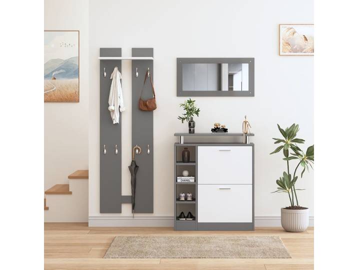 Meubles d'Entrée avec Meuble à Chaussures 2 Panneaux Muraux 8 Crochets et Miroir - ELVMI - Gris et Blanc