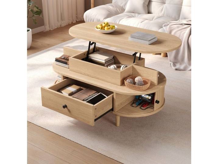 MEUBLIV Table basse ovale relevable 105 x 50 cm rangement tiroir et portes coulissantes naturel