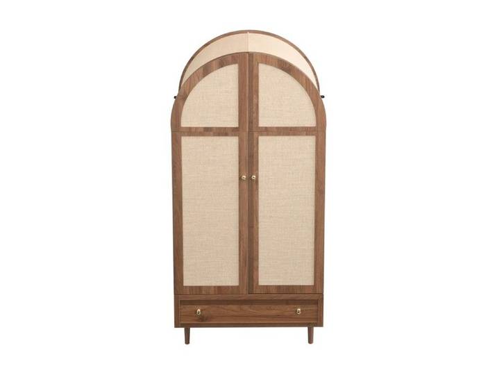 meuble d entree Élégante armoire noyer portes tissu+tiroir rangement vêtements/accessoires pieds bois robuste