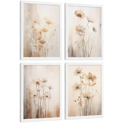 POSTER 4er-Set Wandbilder Blumen Vintage modern Wohnzimmer Deko, Schlafzimmer, Küche, Badezimmer Rahmenlos A3